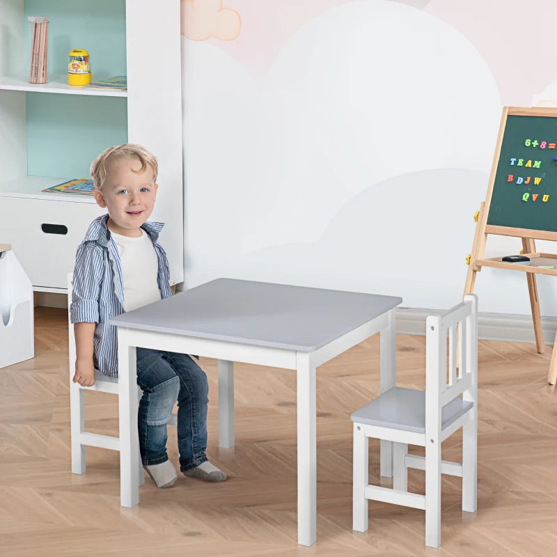 Qaba Kids Table and 2 Chairs Set 3 Pieces Toddler Multi-usage Desk Indoor Arts & Crafts Study Rest Snack Time Easy Assembly, Grey