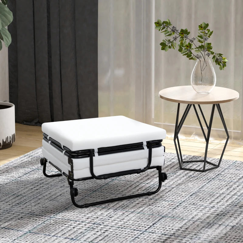 HOMCOM Portable Folding Bed, Single Guest Bed Convertible Sleeper Ottoman with Wheels, Mattress for Bedroom & Office, White
