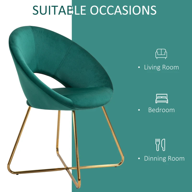 HOMCOM Modern Accent Velvet Chair Open Curved Mid-Back Upholstered Vanity Chair with Gold Plating Metal Legs for Living Room/Office/Reception, Green