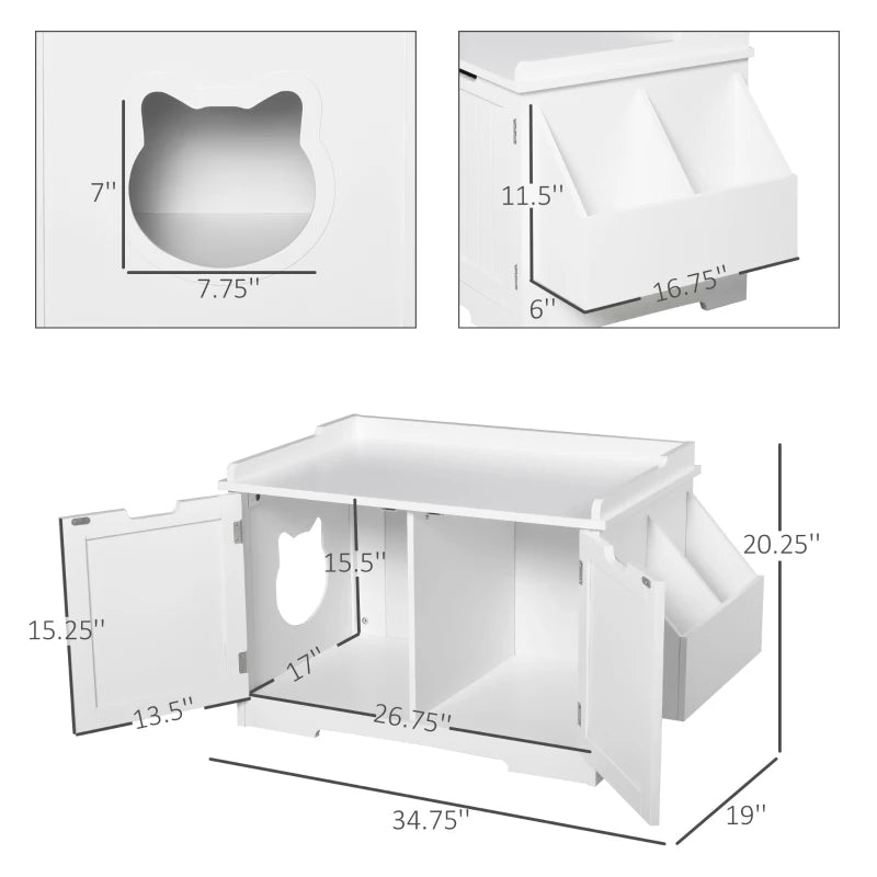 PawHut Wooden Cat Litter Box Enclosure Kitten House with Nightstand End Table and Storage Rack Magnetic Doors - White