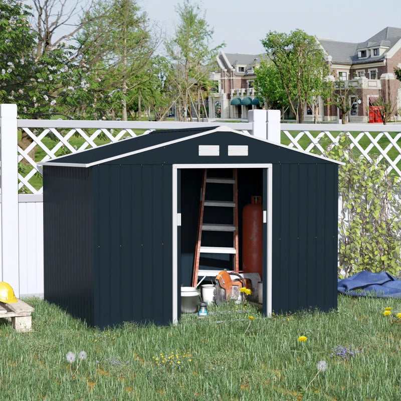 Outsunny 9' x 6' Metal Storage Shed, Garden Tool House with Floor Foundation, Double Sliding Doors, 4 Air Vents for Backyard, Patio, Lawn, Green
