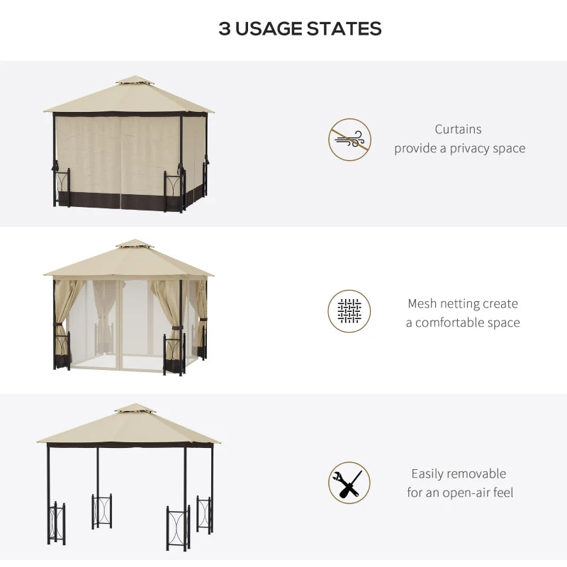 Outsunny 11' x 13' Patio Gazebo, Double Roof Outdoor Gazebo Canopy Shelter with Netting & Curtains, Steel Corner Columns for Garden, Lawn, Backyard and Deck, Beige