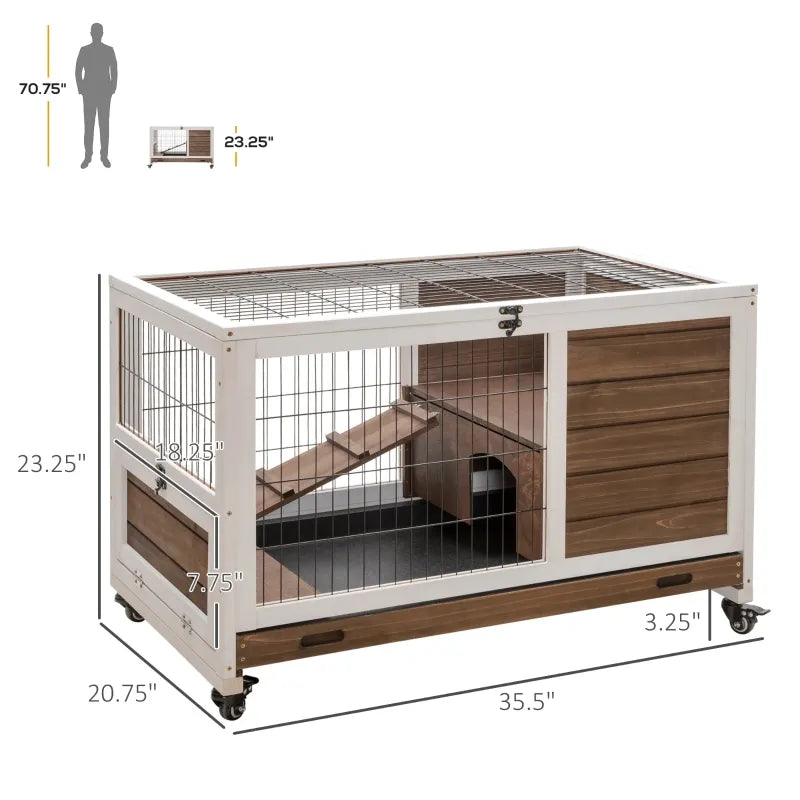 PawHut Rabbit Hutch on Wheels, Indoor Bunny Cage Small Animal House with Pull Out Tray Casters Ramp, 35.5" x 21" x 23", Brown