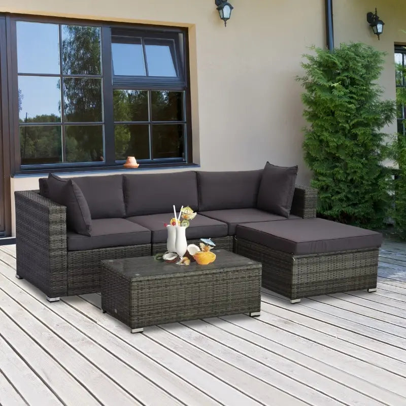 Outsunny 5-Piece Outdoor Sectional Furniture, Patio All-Weather PE Rattan Wicker Couch Sofa Sets with Cushions, Pillows, Glass Coffee Table,  for Garden, Backyard, Light Gray