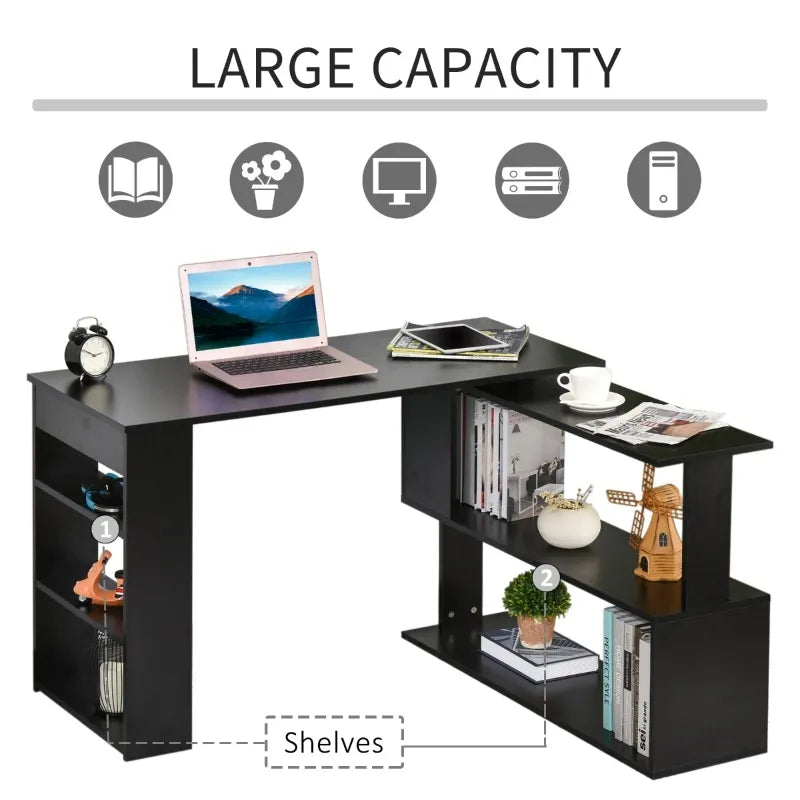 HOMCOM L Shaped Corner Desk, 360 Degree Rotating Home Office Desk with Storage Shelves, Writing Table Workstation, Maple