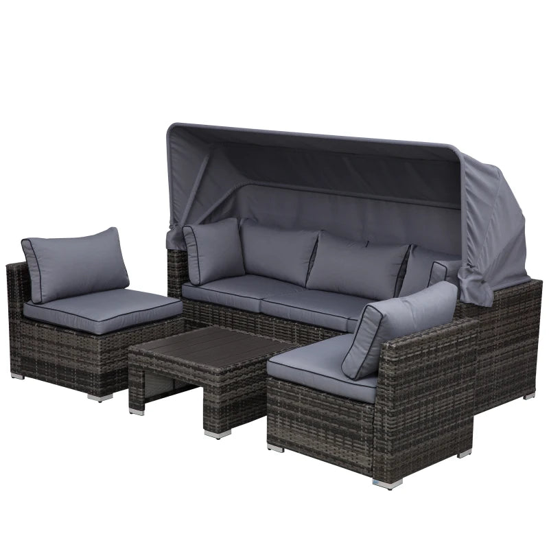 Outsunny 4-Piece Outdoor Rattan Wicker Sofa Set Patio Furniture Sets with Retractable Sun Canopy, Deep Soft Cushions, & Classic Design, Grey