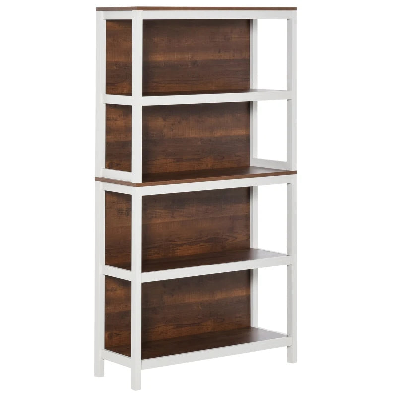 HOMCOM 4 Tier Bookshelf Utility Storage Shelf Organizer with Back Support and Anti-Topple Design - Walnut/White