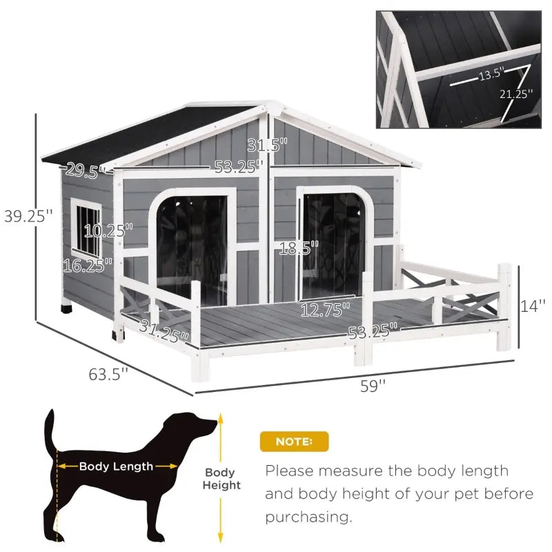 PawHut Outdoor Wooden Dog House Cabin Style, Weatherproof Raised Pet Kennel with Asphalt Roof, Front Door, Side Windows, Deck for Medium/Large Dogs, Grey