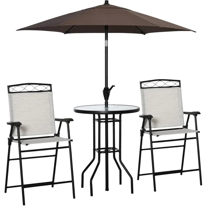 Outsunny 4 Piece Outdoor Patio Dining Furniture Set, 2 Folding Chairs, Adjustable Angle Umbrella, Wave Textured Tempered Glass Dinner Table, Beige