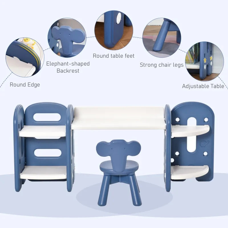 Qaba Kids Adjustable Table and Chair Set, 2 Piece, Blue and White