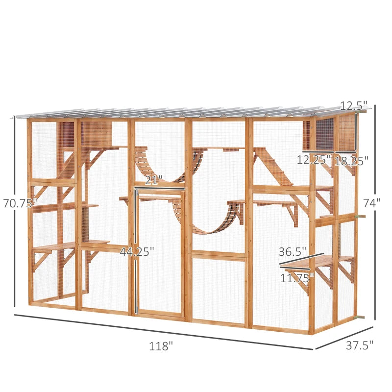 PawHut Catio Playground Cat Window Box Outside Enclosure, Wooden Outdoor Cat House with Weather Protection Roof for Multiple Kitties, Cat Shelter Kitten Playpen with Shelves & Bridges