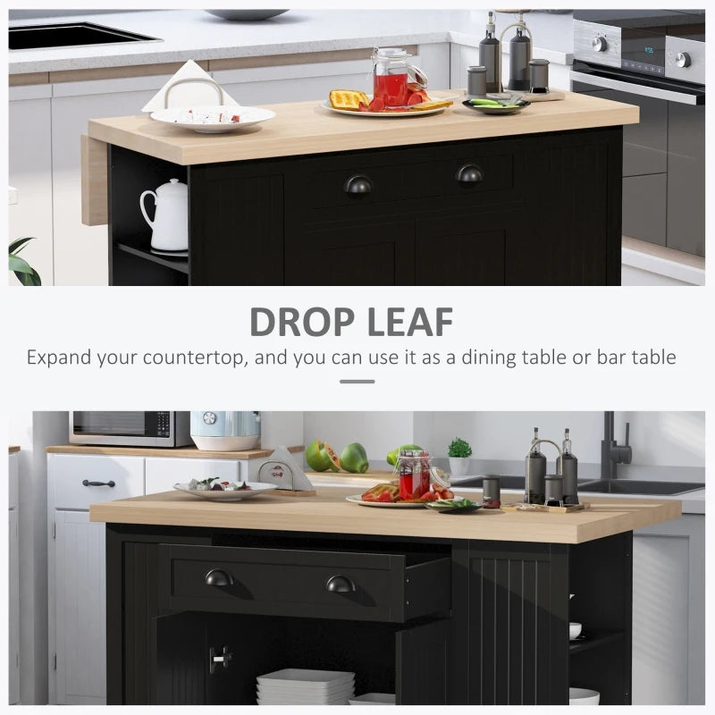 HOMCOM Fluted-Style Wooden Kitchen Island Cabinet with Drop Leaf, Drawer, Open Shelving, and Interior Shelving - Black