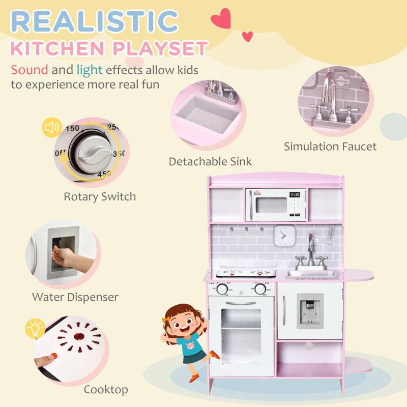 Qaba Wooden Play Kitchen with Lights Sounds, Kids Kitchen Playset with Water Dispenser, Microwave, Utensils, Sink, Spacious Storage, Stove, Gift for 3-6 Years Old, Pink
