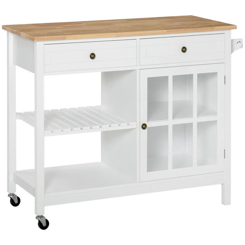 HOMCOM Rolling Kitchen Island with Storage, Utility Kitchen Cart with 2 Drawers, 2 Cupboards, Towel Rack and Spice Rack, Microwave Cart for Dining Room, White