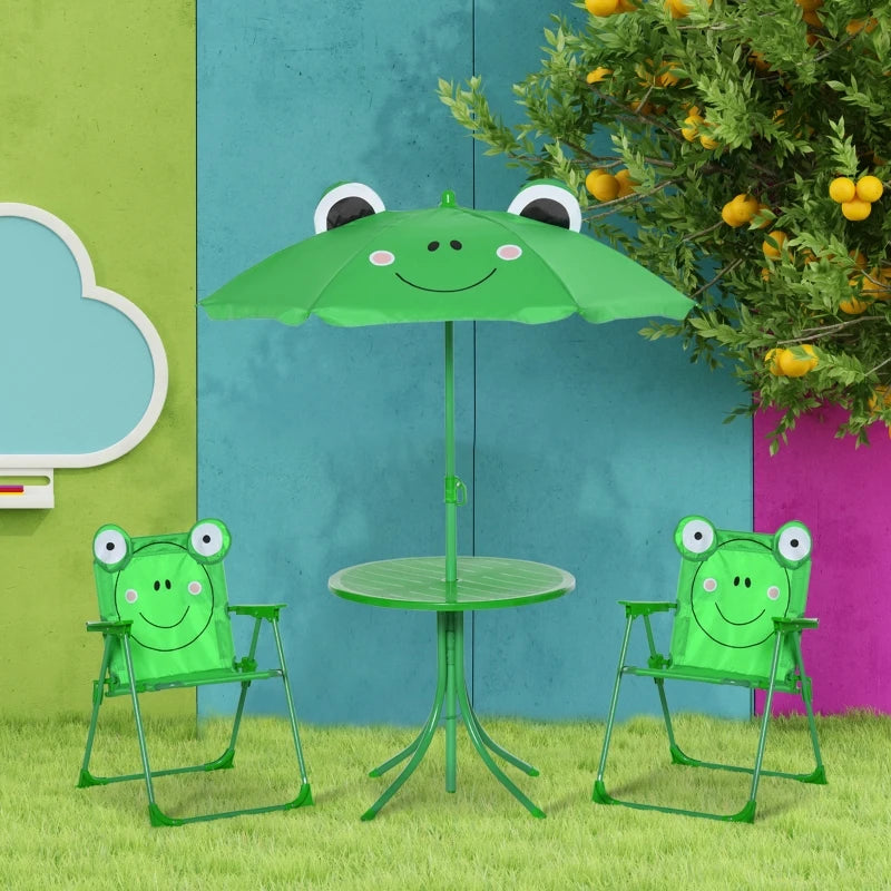 Outsunny Folding Kids Table and Chair Set, Picnic Table with Frog Pattern Removable & Height Adjustable Sun Umbrella for Garden, Backyard, Green