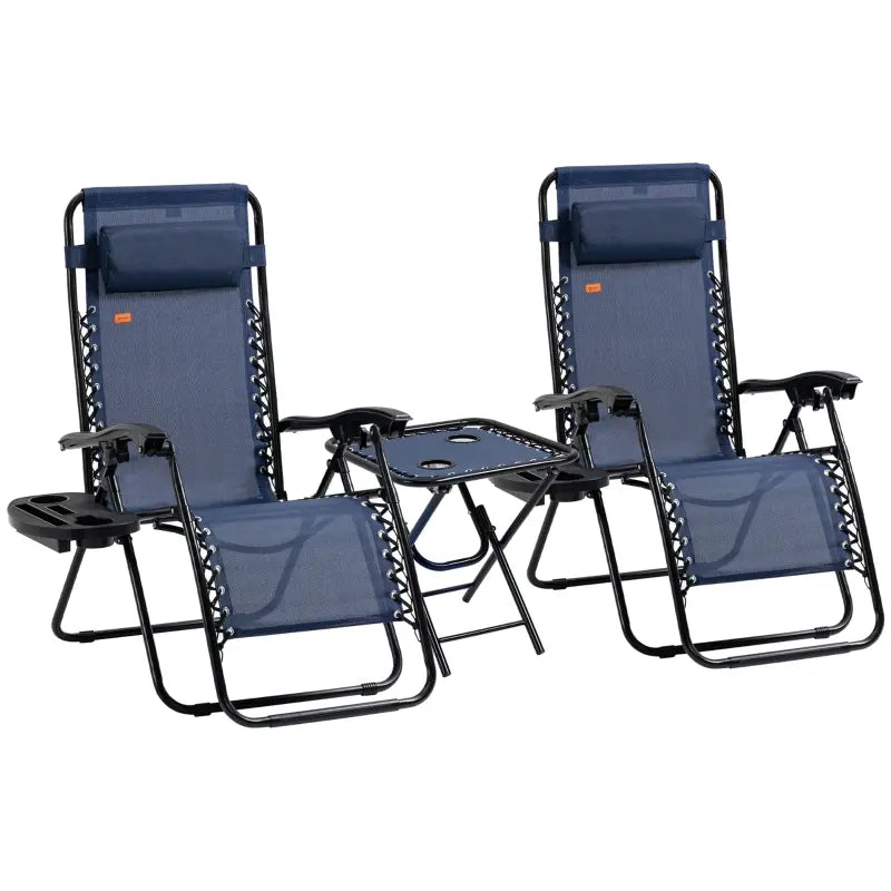 Outsunny Zero Gravity Chairs Set of 2 with Folding Table & Cup Holder Trays, Reclining Chaise Lounge Pool, Camping & Patio Chairs, Pillows, Blue