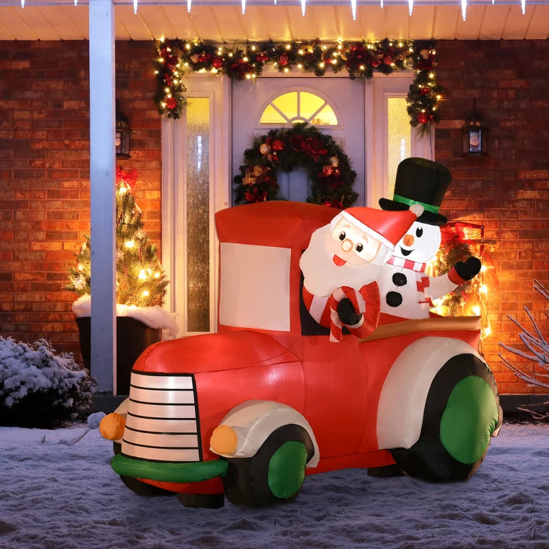 Outsunny 5ft Inflatable Santa Claus Driving a Car with Snowman, Blow-Up Outdoor LED Holiday Yard Display