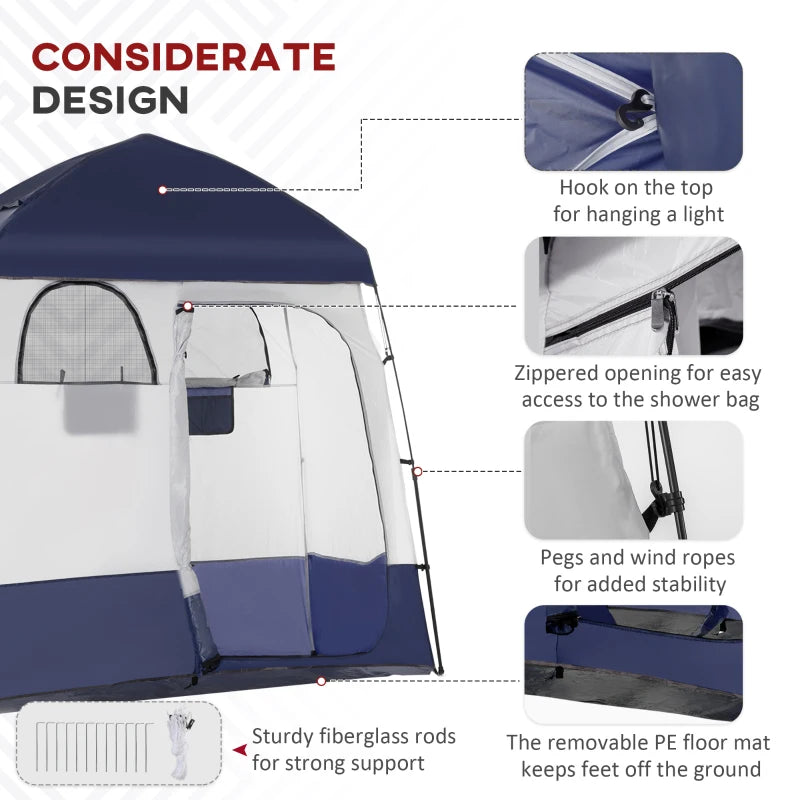 Outsunny Pop Up Shower Tent w/ Two Rooms, Shower Bag, Floor and Carrying Bag, Portable Privacy Shelter, Instant Changing Room for 2 Person, Blue