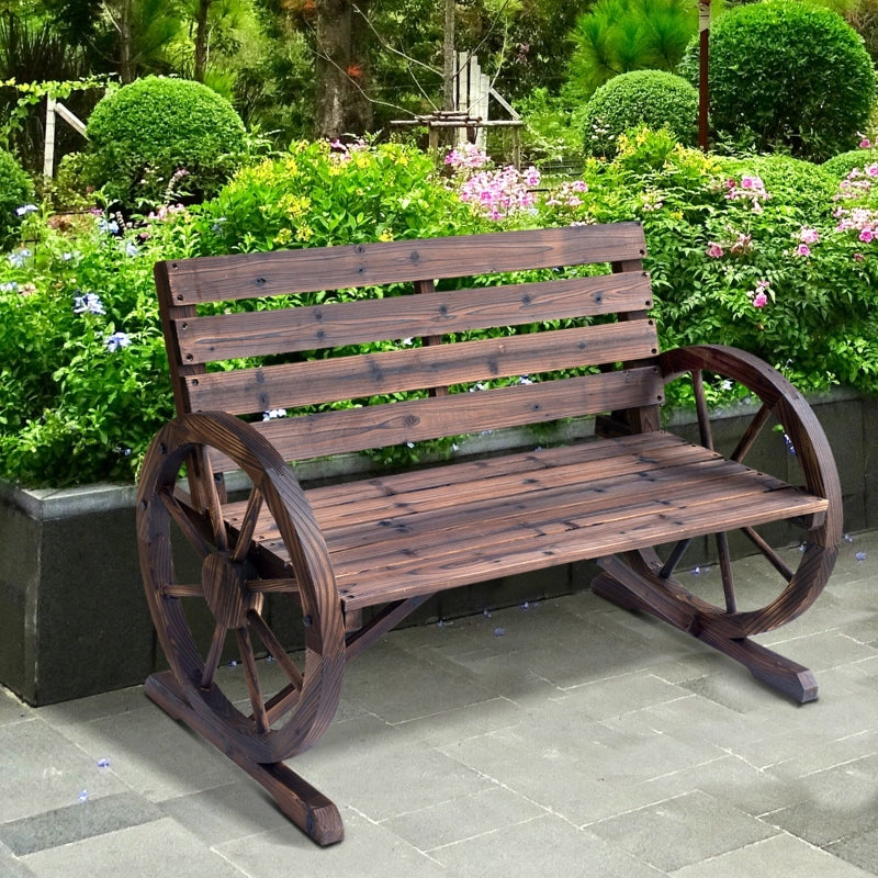 Outsunny Wooden Wagon Wheel Bench, Rustic Outdoor Patio Furniture, 2-Person Seat Bench with Backrest, Carbonized