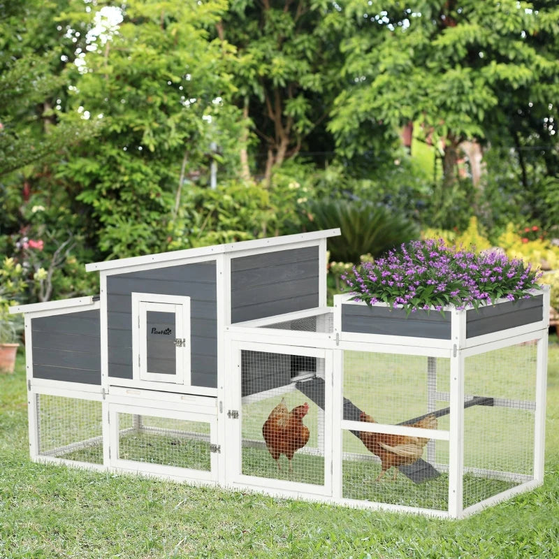 PawHut 76" Wooden Chicken Coop, Outdoor Chicken House Poultry Hen Cage with Outdoor Run, Nesting Box, Removable Tray and Lockable Doors, Grey