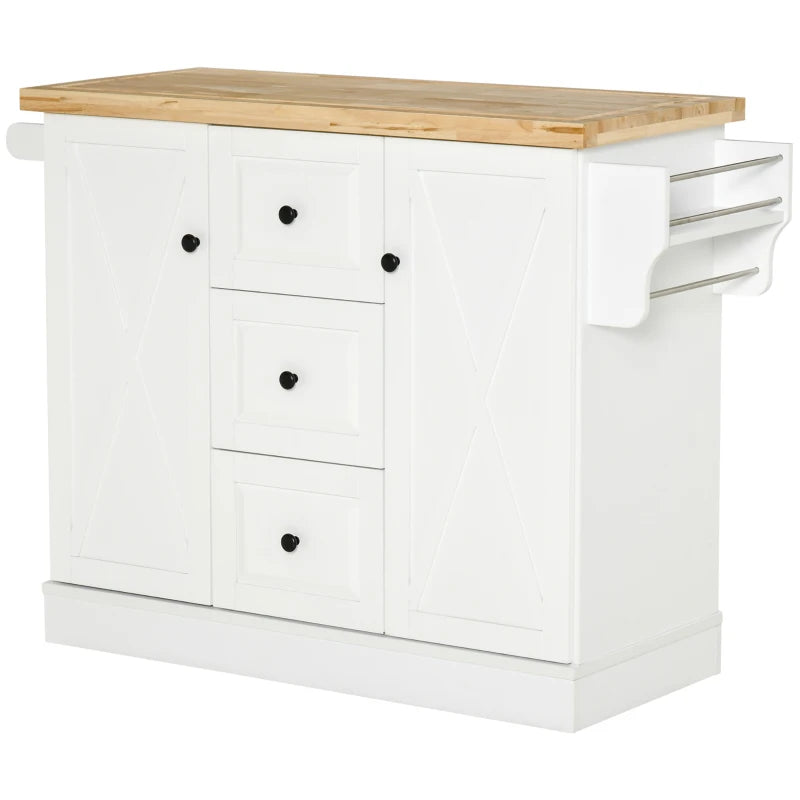 HOMCOM Farmhouse Mobile Kitchen Island Utility Cart on Wheels with Barn Door Style Cabinets, Drawers - White