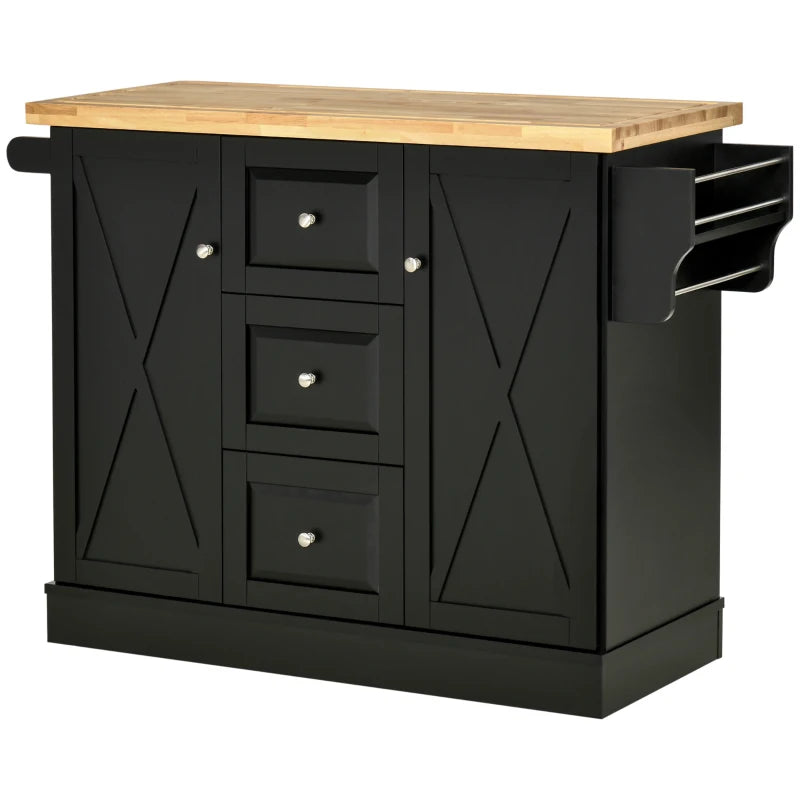 HOMCOM Farmhouse Mobile Kitchen Island Utility Cart on Wheels with Barn Door Style Cabinets, Drawers - Black