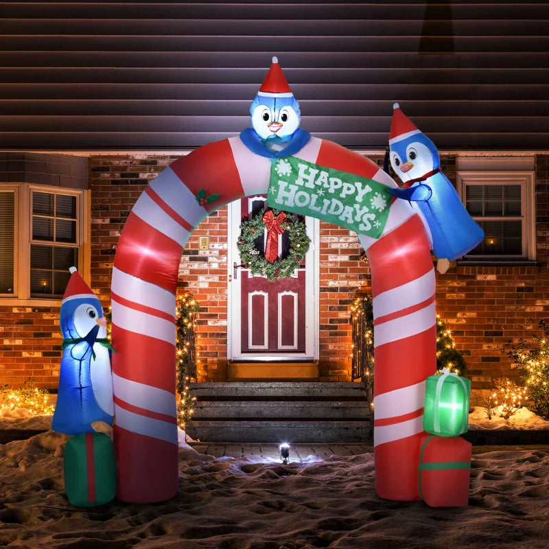 Outsunny 9ft Christmas Inflatable Candy Cane Archway with Penguin Snowman on Gift Box, Blow-Up Outdoor LED Yard Display