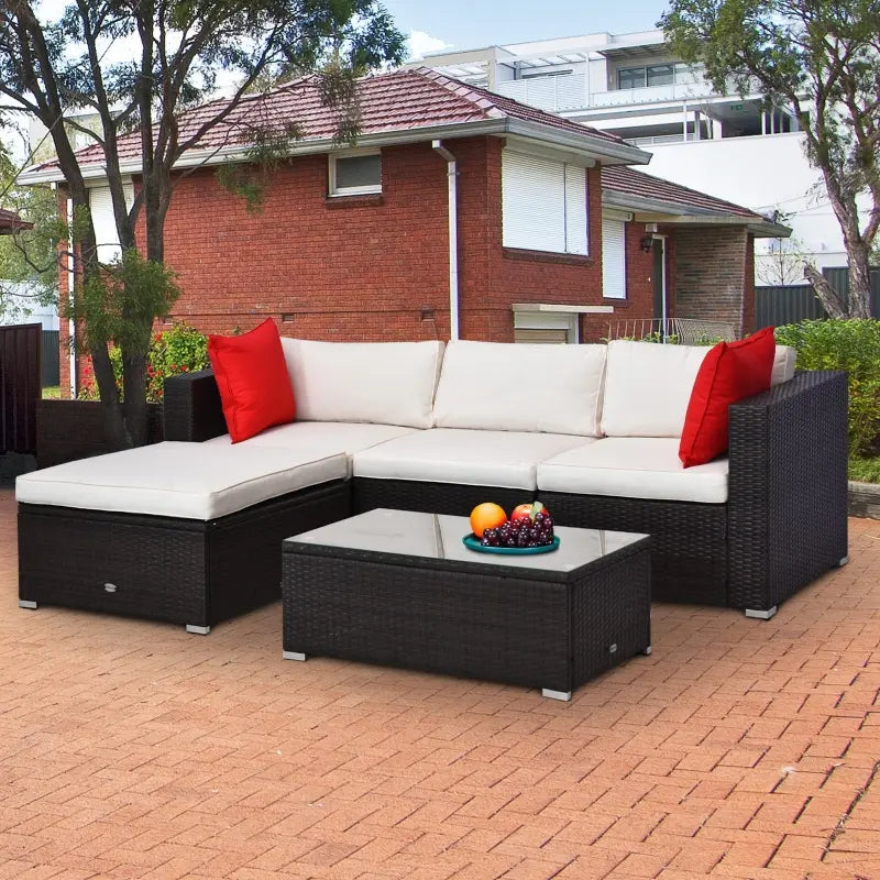 Outsunny 5-Piece Outdoor Sectional Furniture, Patio All-Weather PE Rattan Wicker Couch Sofa Sets with Cushions, Pillows, Glass Coffee Table,  for Garden, Backyard, Charcoal