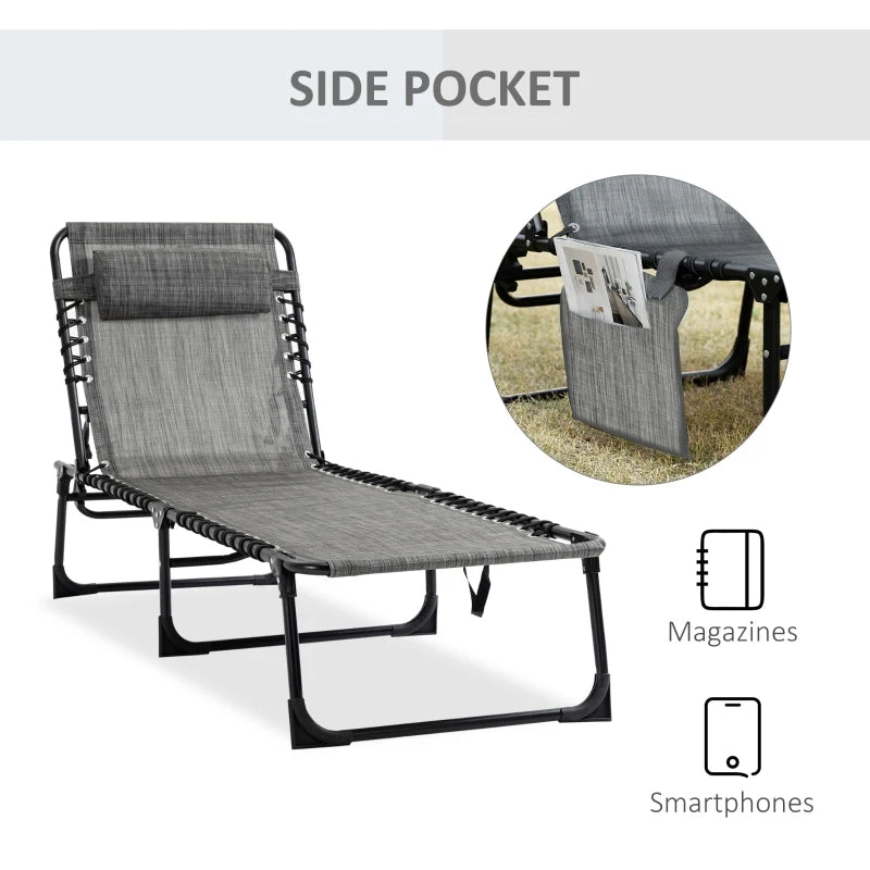 Outsunny Reclining Chaise Lounge Chair, Portable Sun Lounger, Folding Camping Cot, with Adjustable Backrest and Removable Pillow, for Patio, Garden, Beach, Grey