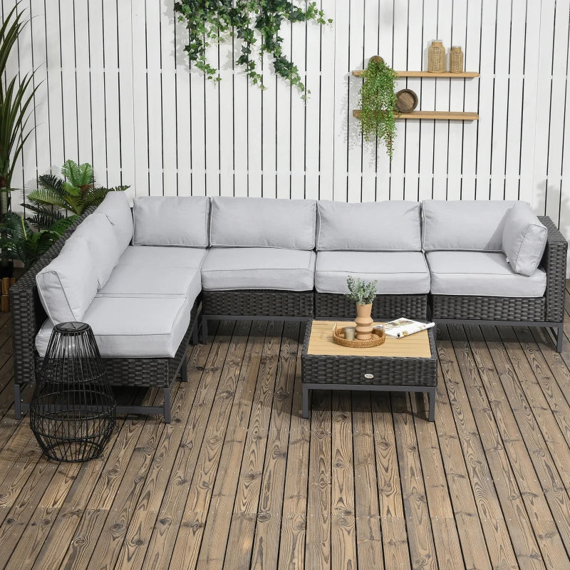 Outsunny 7 pc Patio Wicker Furniture Set, Outdoor Sectional Furniture Conversation Sofa Set with Wood Grain Plastic Top Table, Cushioned Sofa Seat w/ Storage Function, Mixed Gray