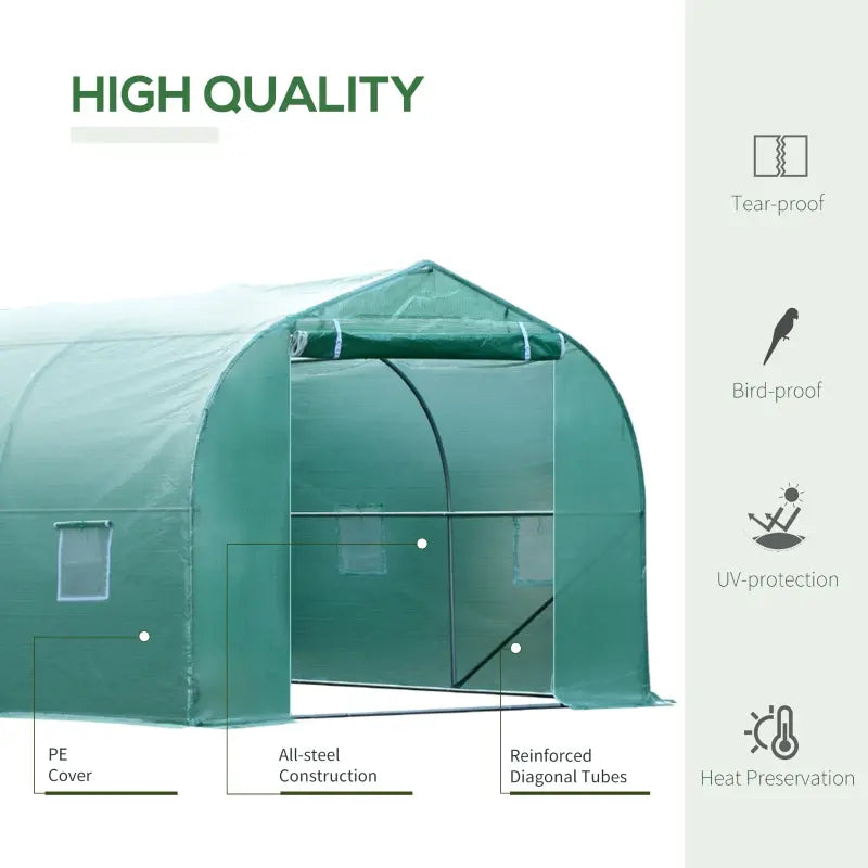 Outsunny 26' x 10' x 7' Walk-In Greenhouse Tunnel, Large Gardening Plant Hot House with 12 Windows and Zipper Doors for Backyard, Green