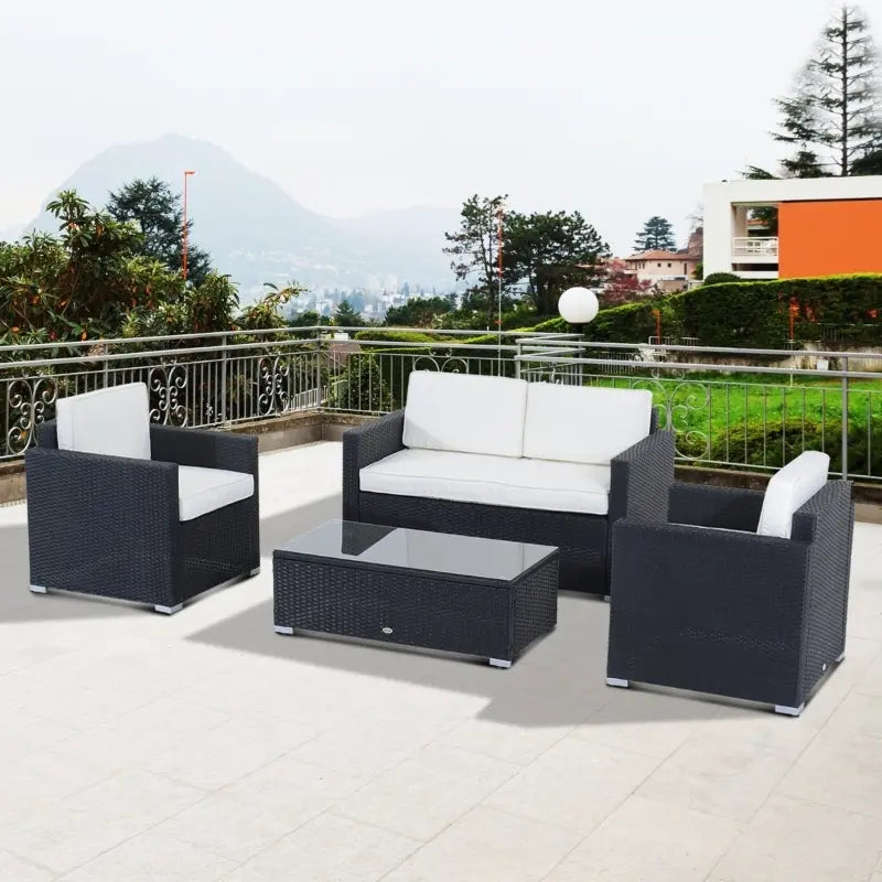 Outsunny 4 Piece Wicker Patio Furniture Set with Cushions, Outdoor Sectional Furniture with 2 Sofa, Loveseat, and Glass Top Coffee Table, Conversation Sofa Sets for Garden, Gray