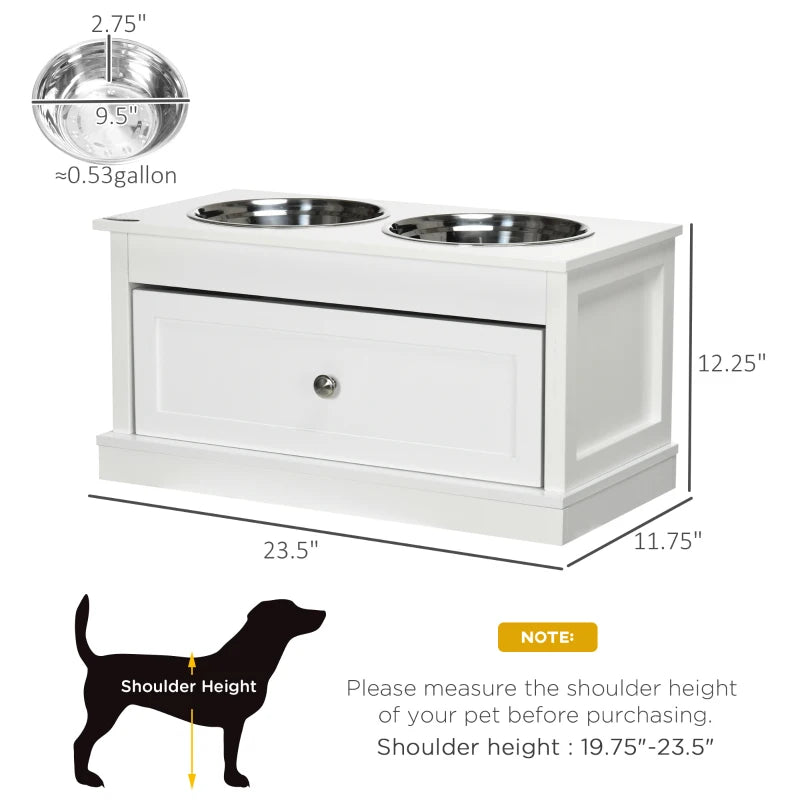 PawHut Large Elevated Dog Bowls with Storage Drawer Containing 21L Capacity, Raised Pet Feeding Station with 2 Stainless Steel Bowls, White