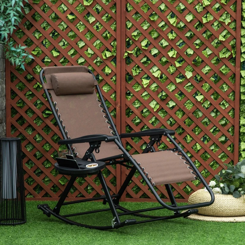 Outsunny Outdoor Rocking Chairs, Foldable Reclining Zero Gravity Lounge Rocker w/ Pillow, Cup & Phone Holder, Combo Design w/ Folding Legs, Brown
