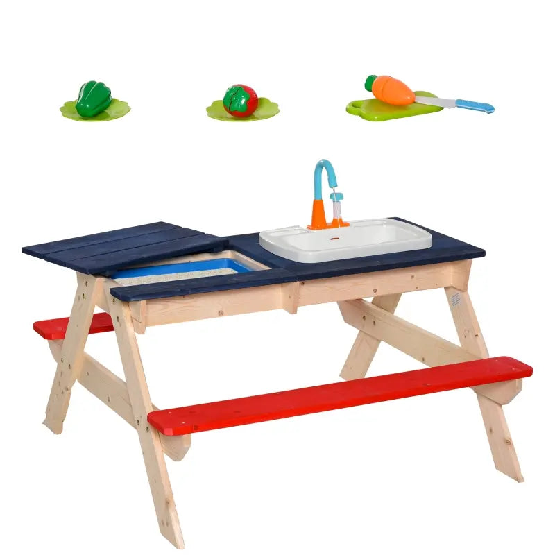 Outsunny Sand & Water Table with Sandbox, Outdoor  with Kitchen Toys, Kids Picnic Table and Bench Set Water Circulation Faucet and Vegetable Accessories
