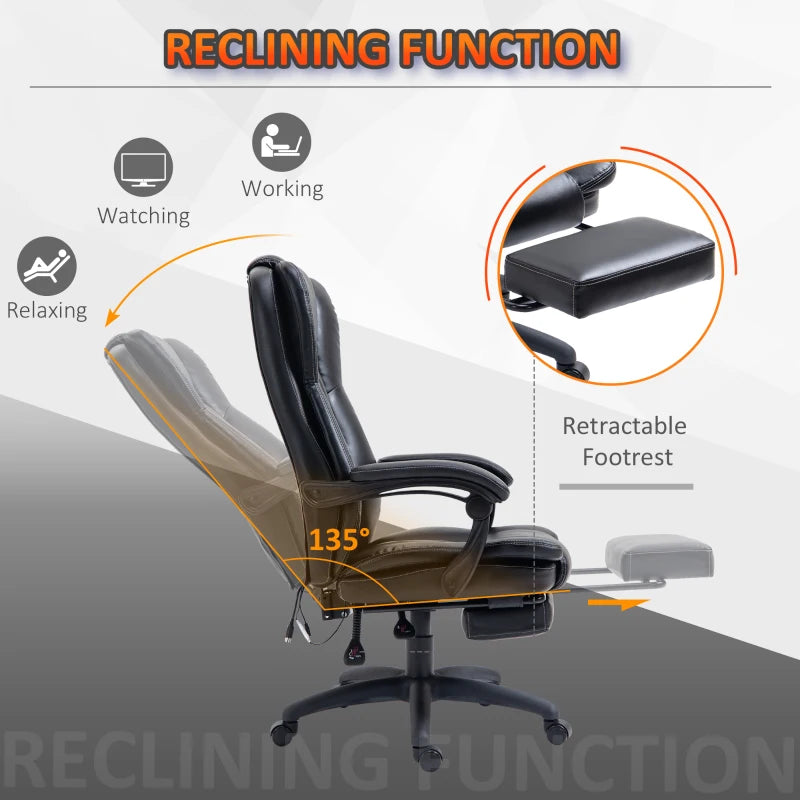 Vinsetto High Back Massage Office Chair with 6-Point Vibration, 5 Modes, Executive Chair, PU Leather Swivel Chair with Reclining Back, and Retractable Footrest, Black