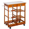 HOMCOM Wooden Rolling Kitchen Cart Tile Counter Top Utility Trolley with Towel Rack, 2 Drawers, 2 Shelves, Wire Baskets & Wine Rack, Natural