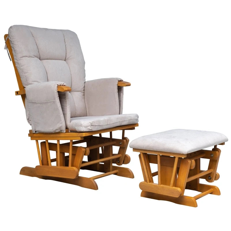 HOMCOM Indoor 2 Piece Glider & Ottoman Adjustable Reclining Function with Rubber Wood Base and Cushion - Wood/Cream White