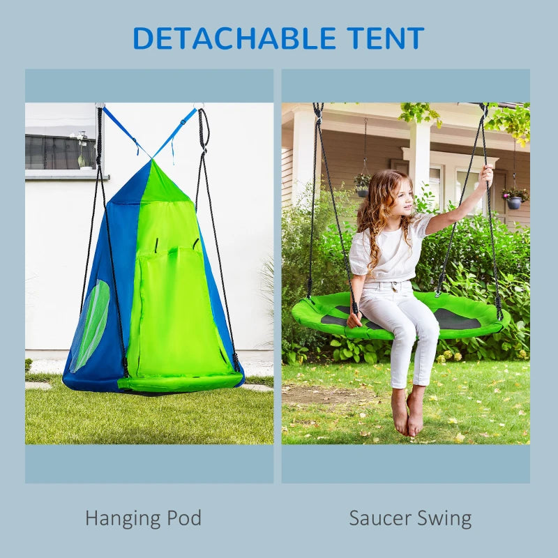 Outsunny Kids Pod Swing, Waterproof Flat/Tent Chair Seat, Ventilating Hanging Swing, with Screen Window, Rolling Door, for Indoor & Outdoor Use, Green