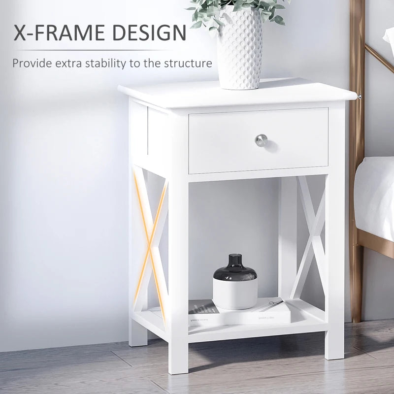 HOMCOM Side Table, Farmhouse End Table with Storage Drawer, Open Shelf and X-frame, Bedside Table for Living Room, White