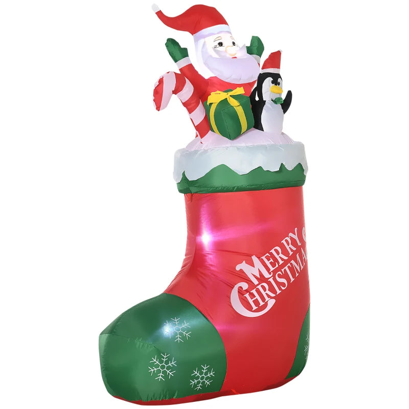 Outsunny 5ft Christmas Inflatable Santa and Penguin Standing in Sock with Candy Cane Gift Box, Blow-Up Outdoor LED Yard Display