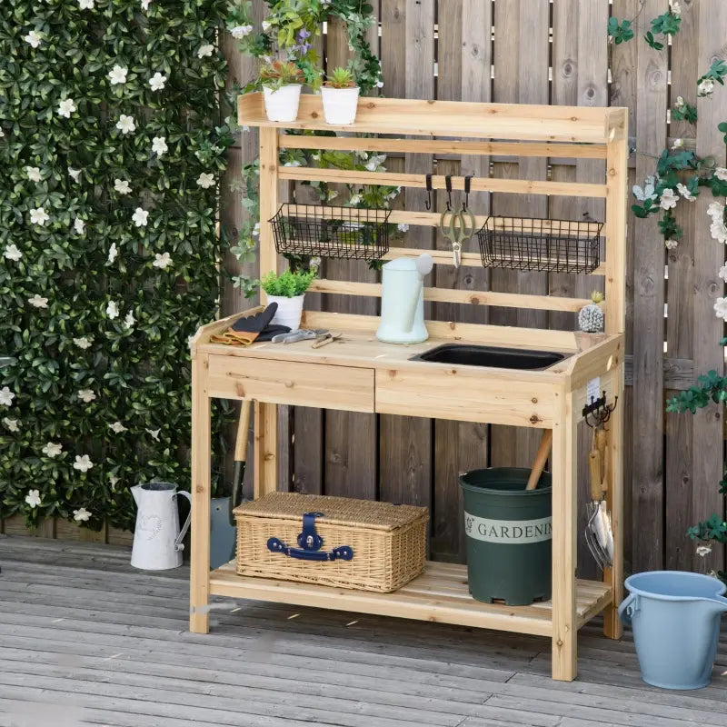 Outsunny Potting Bench Table, Garden Workstation w/ Sieve Screen, Removable Sink & Baskets