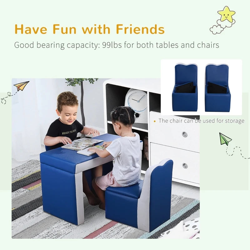 Qaba Kids 2-in-1 Multi-Functional Play Table & 2 Chair Set with Couch Storage Box for 3-6 Year Olds - Blue