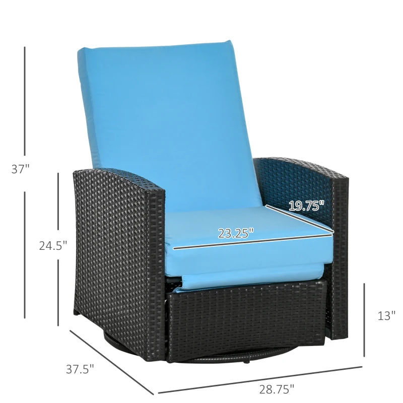 Outsunny Outdoor Wicker Swivel Recliner Chair, Reclining Backrest, Lifting Footrest, 360° Rotating Basic, Water Resistant Cushions for Patio, Light Blue