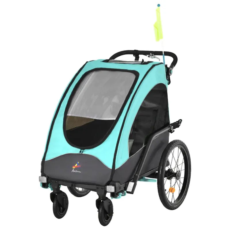 ShopEZ USA Child Bike Trailer 3 In1 Foldable Baby Trailer Transport Buggy Carrier with Shock Absorber System Rubber Tires Adjustable Handlebar - Green and Grey