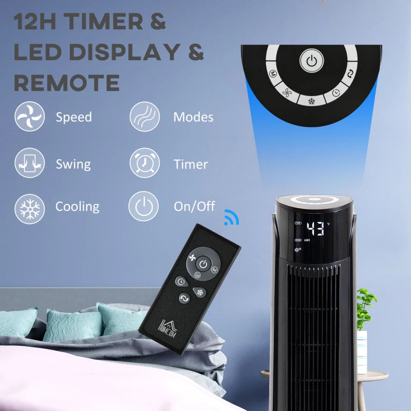 HOMCOM 37.75" Tower Fan for Bedroom Cooling with Aroma Diffuser, 70° Oscillating, 12 Hour Timer, LED Sensor Panel, and Remote Control, Black