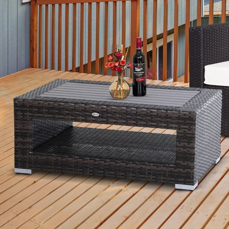 Outsunny Wicker Coffee Table with Height Adjustable Feet, 2 Tier Storage Shelf, Rattan Wicker Patio Table with Deluxe Slatted Top for Outdoor, Patio, Garden, Backyard, Mixed Grey