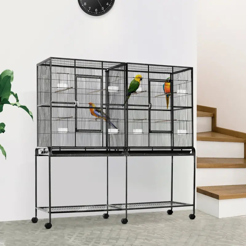 PawHut 54" Extra Large Portable Rolling Iron Aviary Flight Bird Cage and Accessories with Wheels - Black/White
