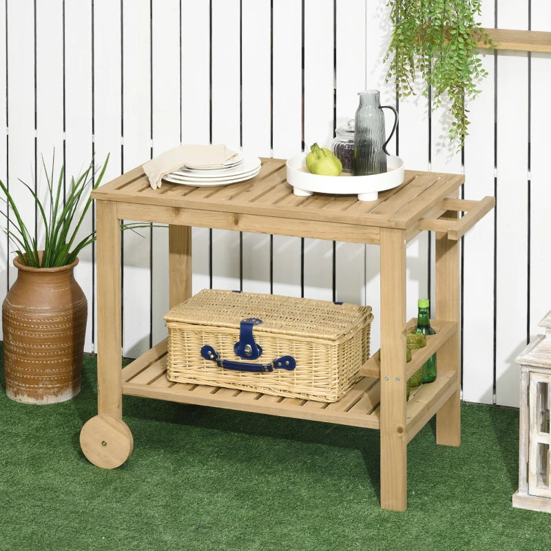Outsunny Outdoor Bar Cart, Wood Rolling Home Bar & Serving Cart with 2 Shelves, Wine Bottle Holders for Garden, Dining Room, Natural