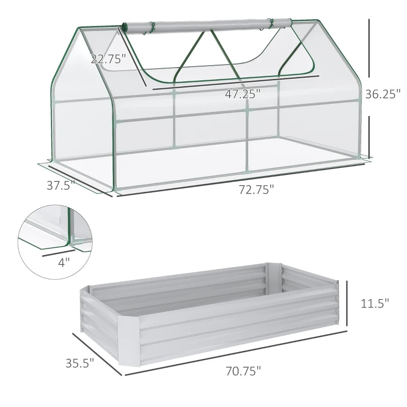 Outsunny Galvanized Raised Garden Bed with Mini Greenhouse Cover, Outdoor Metal Planter Box with 2 Roll-Up Windows for Growing Flowers, Fruits, Vegetables, and Herbs, 50" x 37.5" x 36.25", Green